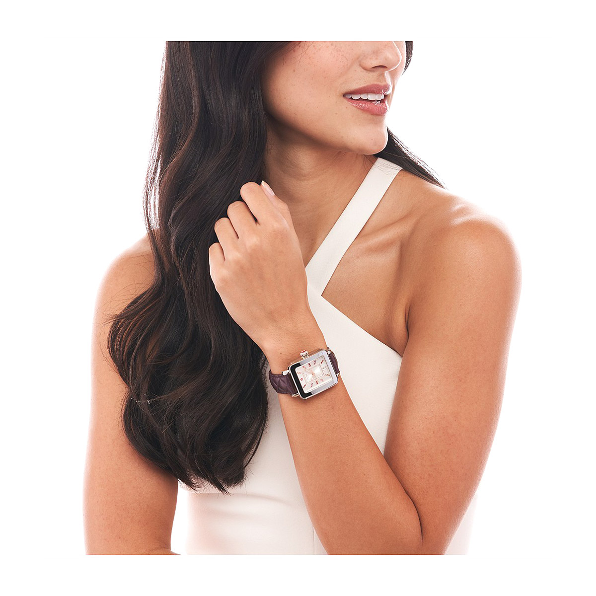 Michele Deco Sport Stainless Topaz Dial Quilted Leather 33mm Watch