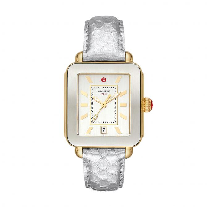 Michele Deco Sport Gold Tone with Silver Embossed Leather Watch Strap