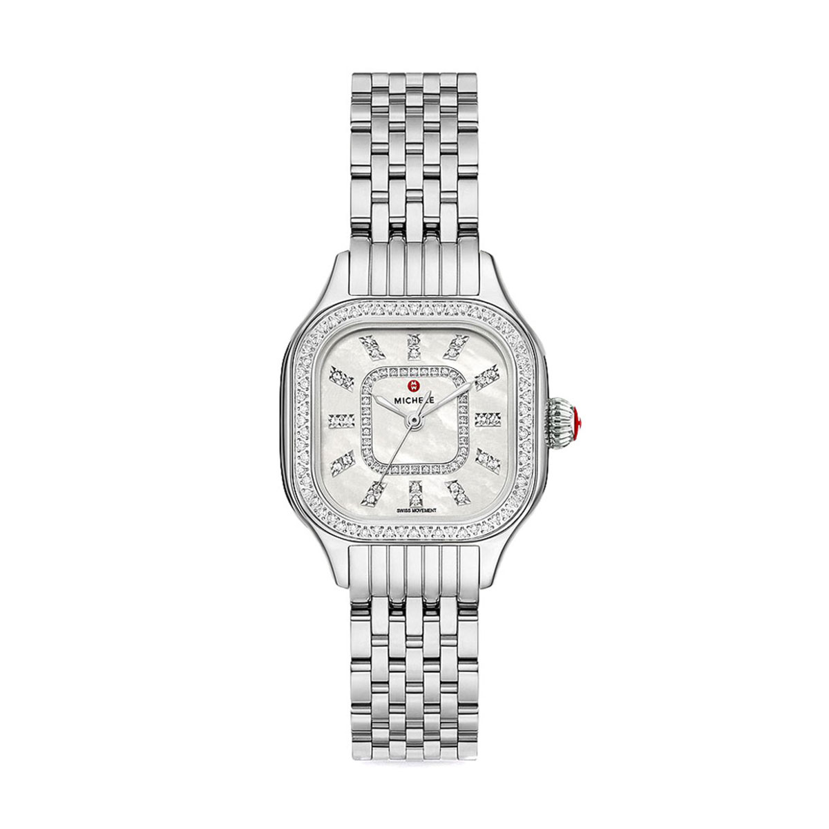 Michele Meggie Silver Tone Stainless Steel Diamond 27mm Watch, Mother of Pearl Dial