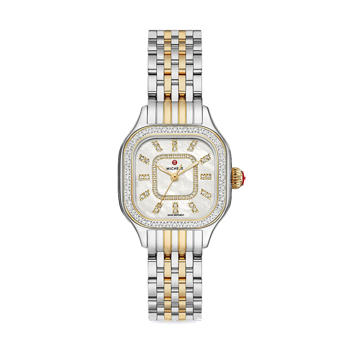 Michele Meggie Two Tone Stainless Steel 27mm Watch, White Mother of Pearl Diamond Dial