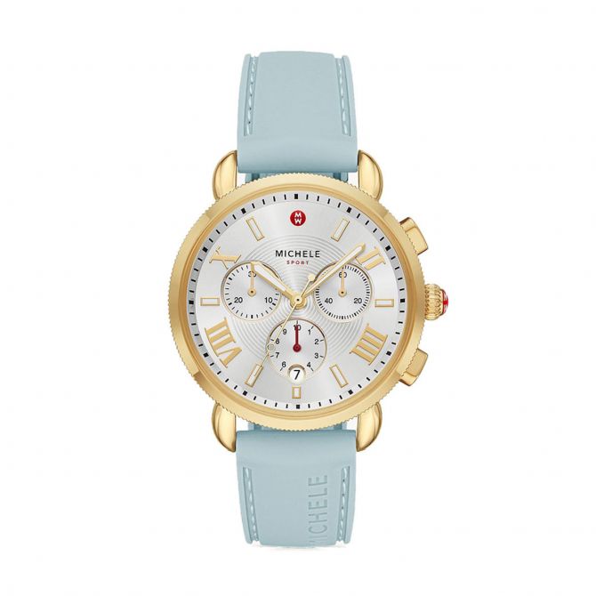 Michele Sporty Sport Sail Seafoam Silicone 38mm Watch, Silver Dial