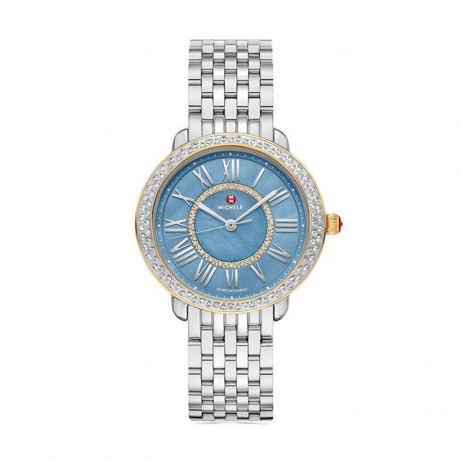 Michele Serein Mid Two Tone Diamond Stainless Steel 36mm Limited Edition Watch, Ocean Blue Mother of