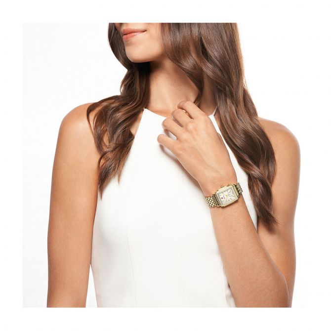 Michele Deco Mid 29mm Watch, Yellow Gold Plated and White Mother