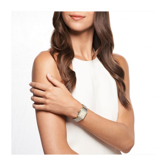 Michele Deco Mid Two-Tone Diamond 29mm Watch, White Mother of