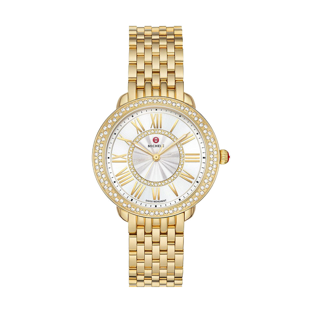 Michele Serein Mid 18k Gold Plated Diamond 36mm Watch, White Silver Dial