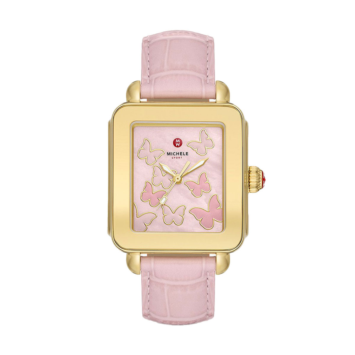 Michele Deco Sport Gold-Tone Pink Leather 34mm Watch, Pink Butterfly Dial