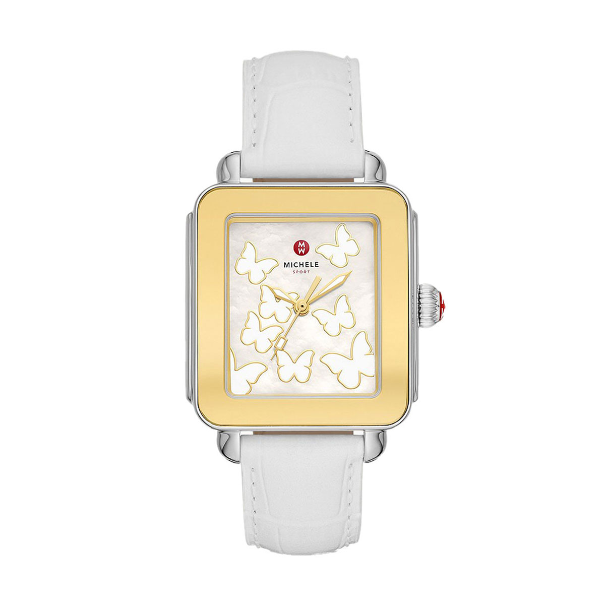 Michele Deco Sport Gold-Tone White Leather 34mm Watch, White Dial