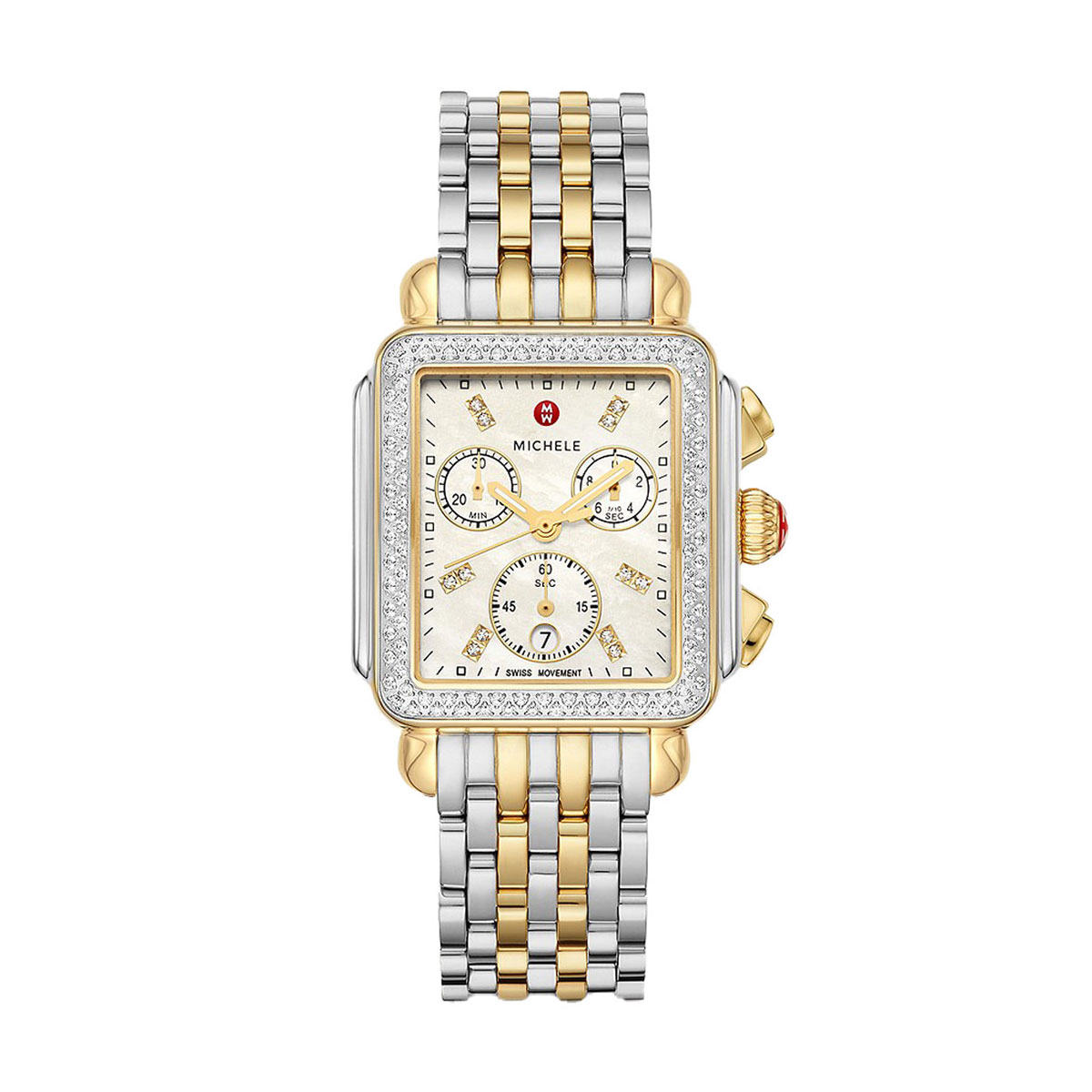 Michele Deco Two-Tone 18k Gold Diamond 33mm Watch, White Mother of Pearl Dial