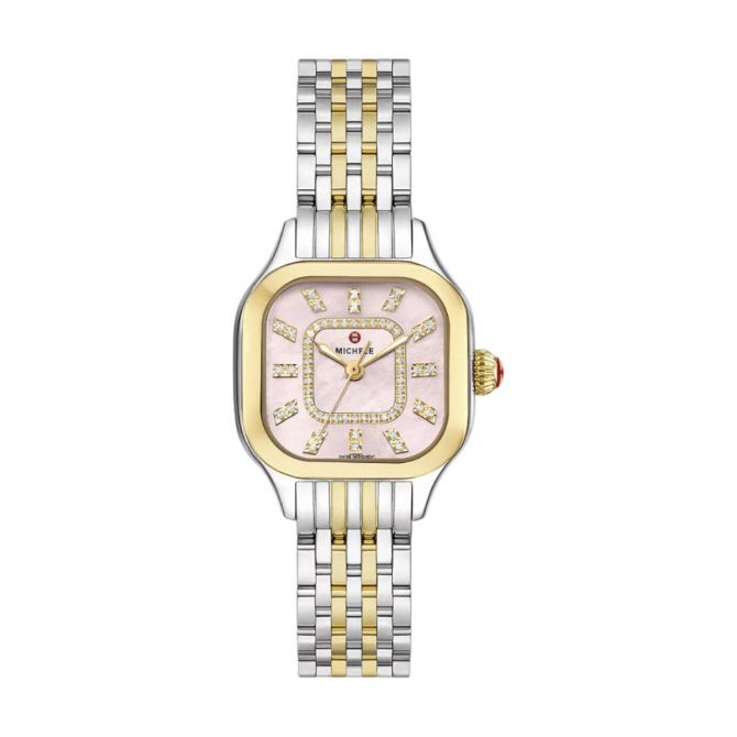 Michele Meggie Two-Tone 18k Yellow Gold Plated 29mm Watch, Pink Mother of Pearl Dial