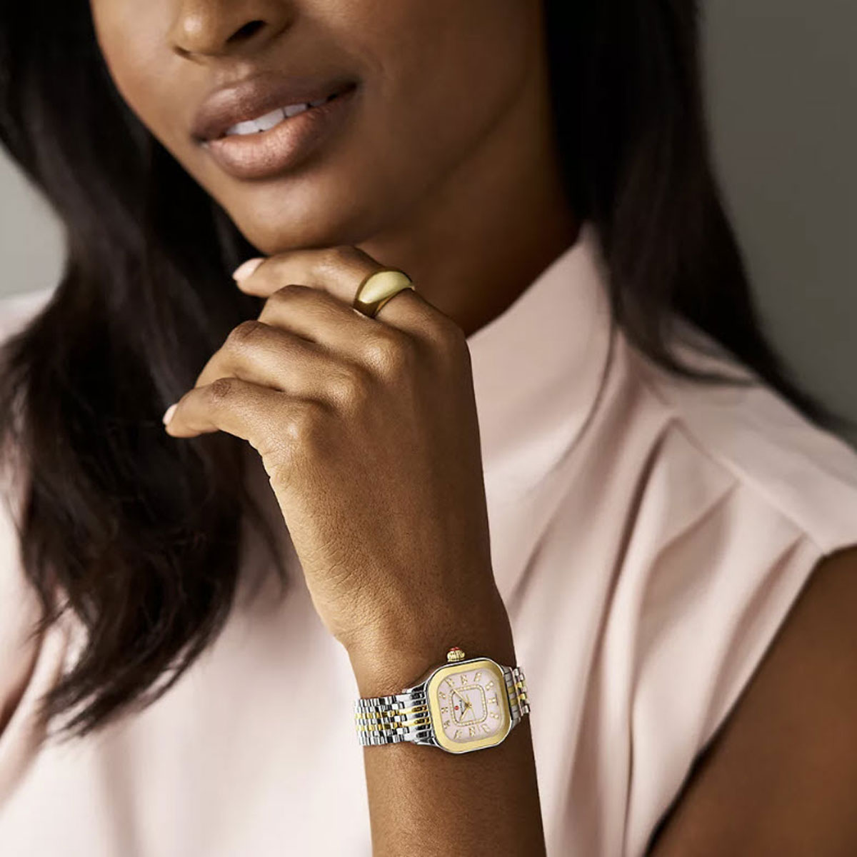 Michele Meggie Two-Tone 18k Yellow Gold Plated 29mm Watch, Pink Mother of Pearl Dial