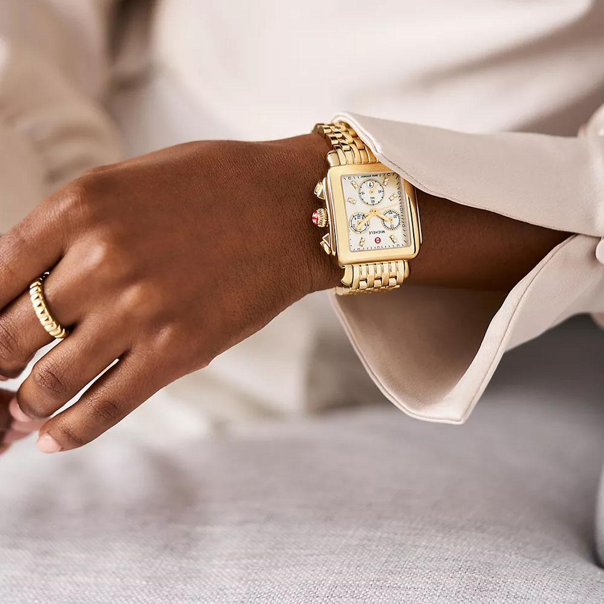 Michele Deco 18k Yellow Gold Diamon 33mm Women's Watch, White Mother of Pearl Dial