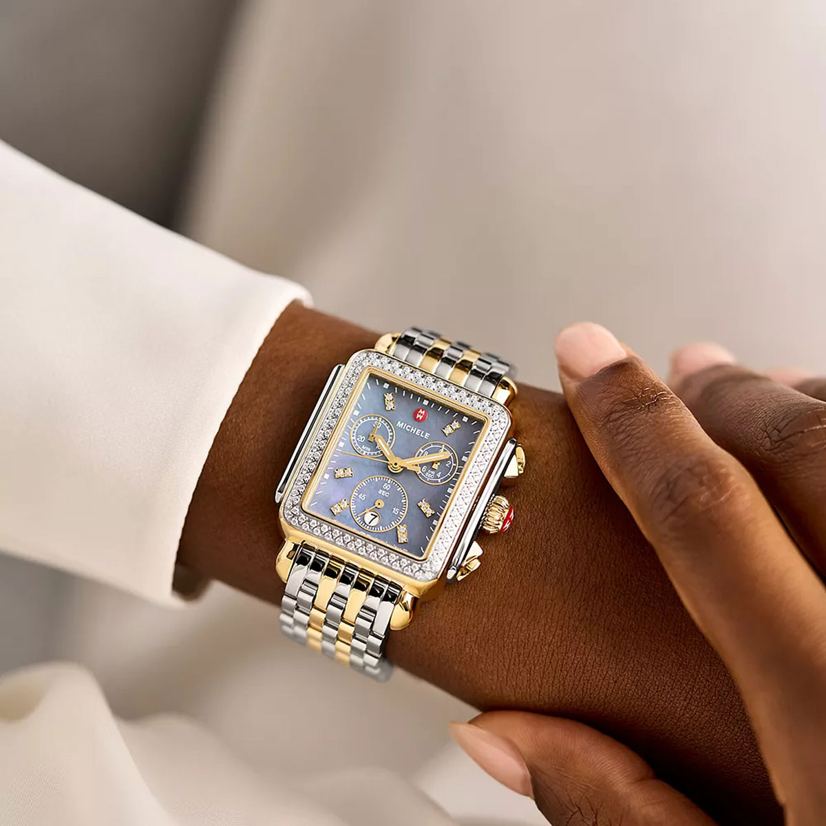 Michele Deco Two Tone 18k Yellow Gold Plated Diamond Women's 35mm Watch, Blue Mother of Pearl Dial