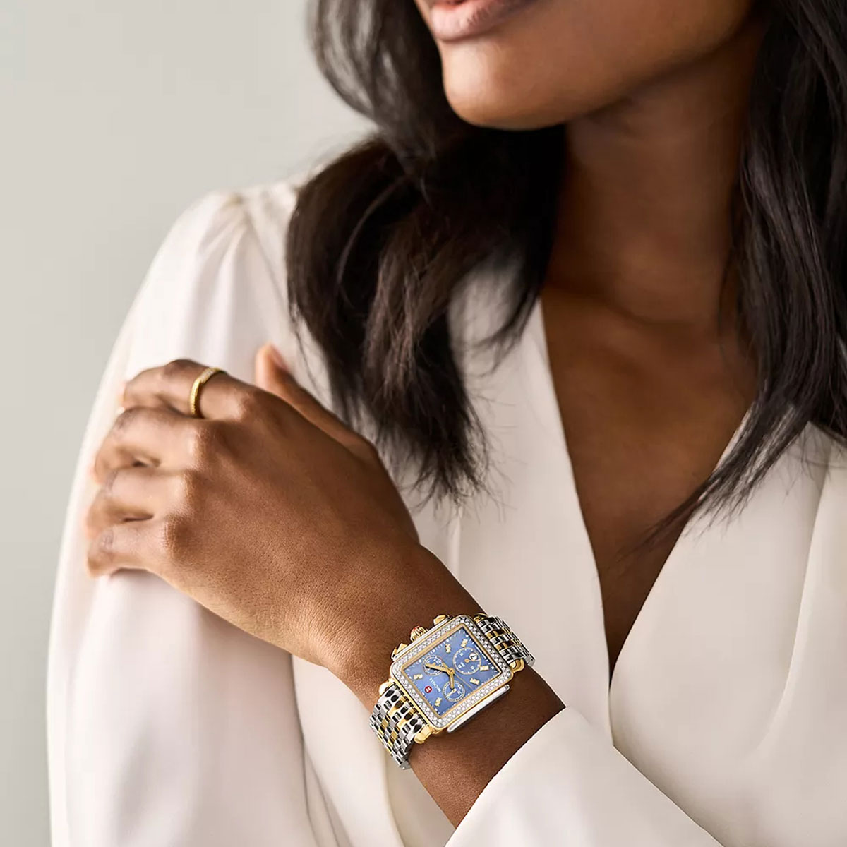 Michele Deco Two Tone 18k Yellow Gold Plated Diamond Women's 35mm Watch, Blue Mother of Pearl Dial