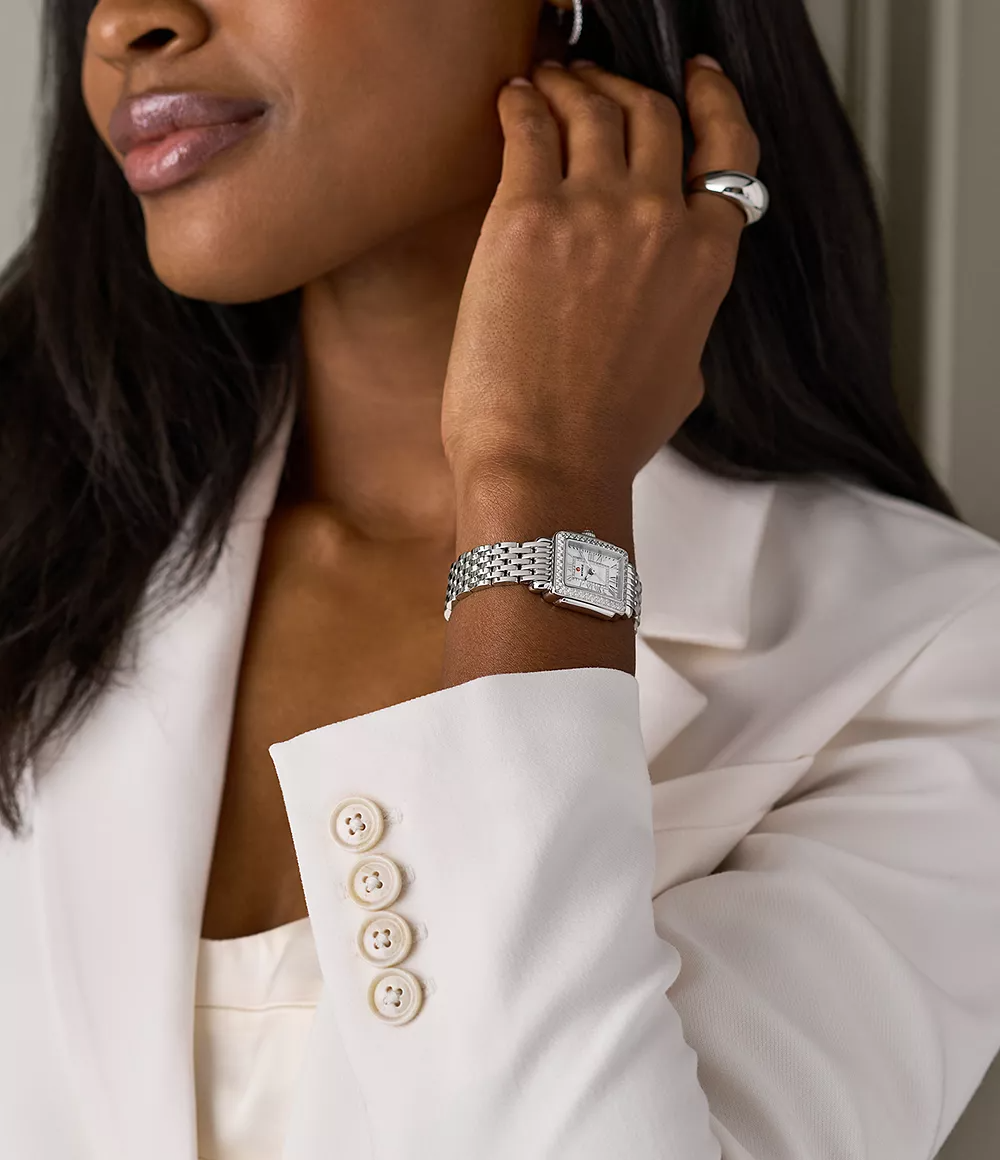 Michele Deco Madison Mini Diamond Stainless Steel 24mm Watch, White Mother of Pearl Dial