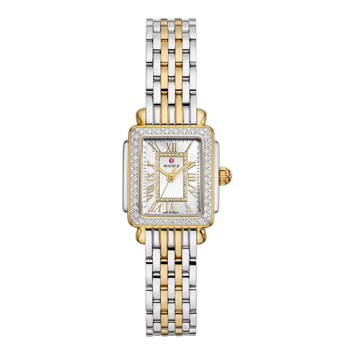 Michele Deco Madison Mini Diamond Two-Tone 18k Gold 24mm Watch, White Mother of Pearl Dial