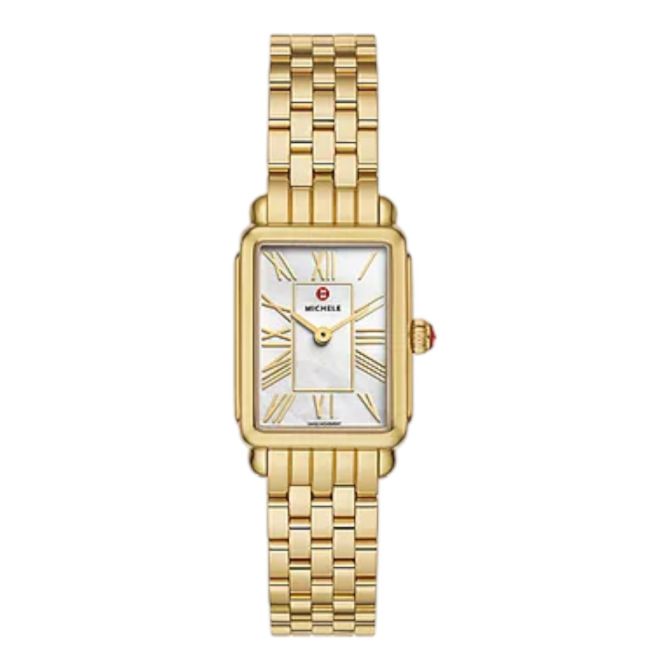 Michele Deco Park 18k Gold Plated 29mm Women's Watch, White Mother of Pearl Dial