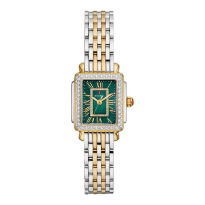 Michele Deco Madison Mini Two Toned 24mm  Women's Watch, Green and Diamond Dial