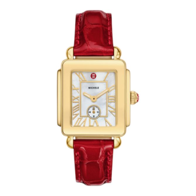 Michele Deco Midi Sport 36mm Women's Watch, White Mother of Pearl Dial with Red Leather Bracelet