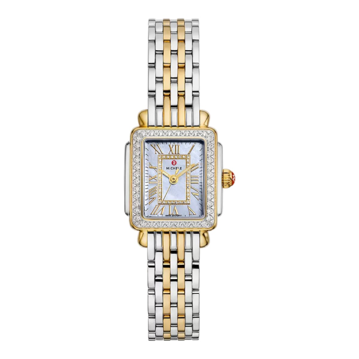 Michele Deco Madison Mini Diamond Two Tone 18k Gold Plated 32mm Women's Watch, Blue Mother of Pearl 