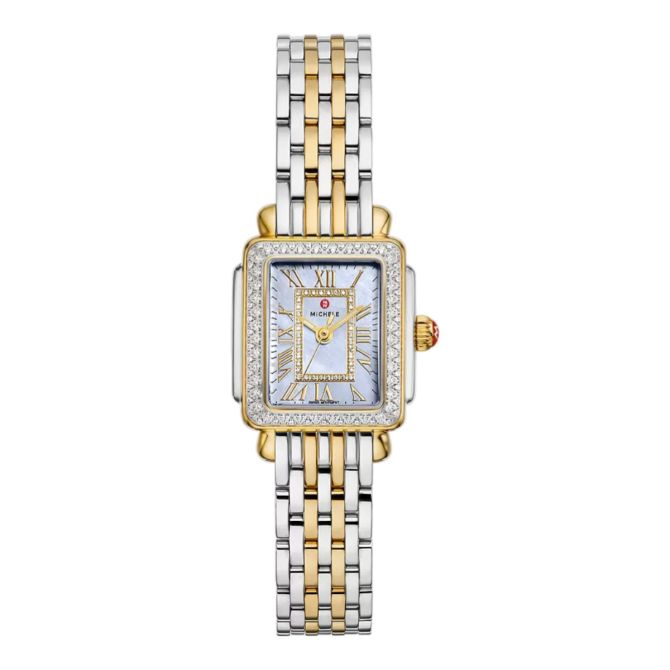 Michele Deco Madison Mini Diamond Two Tone 18k Gold Plated 32mm Women's Watch, Blue Mother of Pearl 