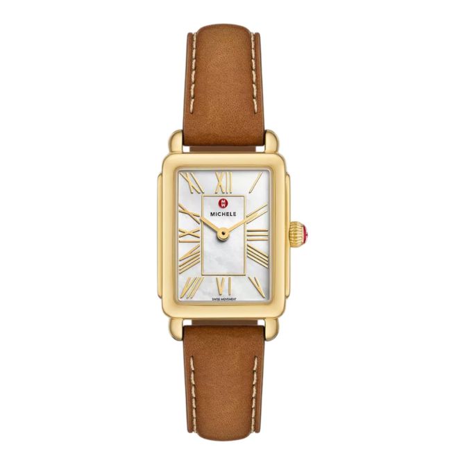 Michele Deco Park 18k Gold Plated 29mm Women's Watch, White Mother of Pearl Dial