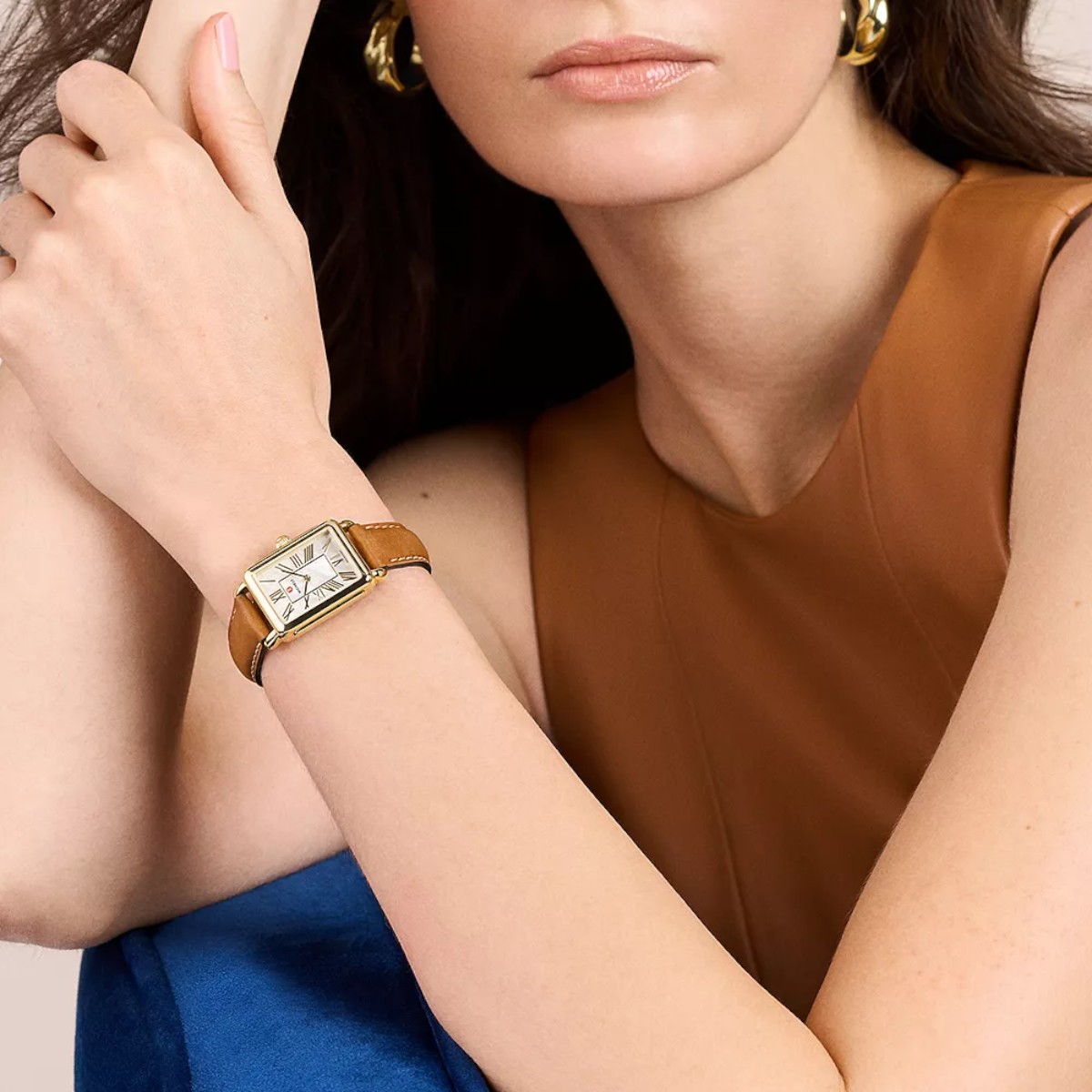 Michele Deco Park 18k Gold Plated 29mm Women's Watch, White Mother of Pearl Dial