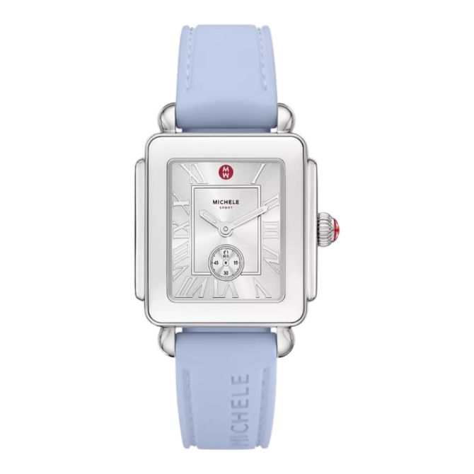 Michele Deco Sport Mid Stainless Steel Pastel Blue Silicone 31mm Women's Watch, White Dial
