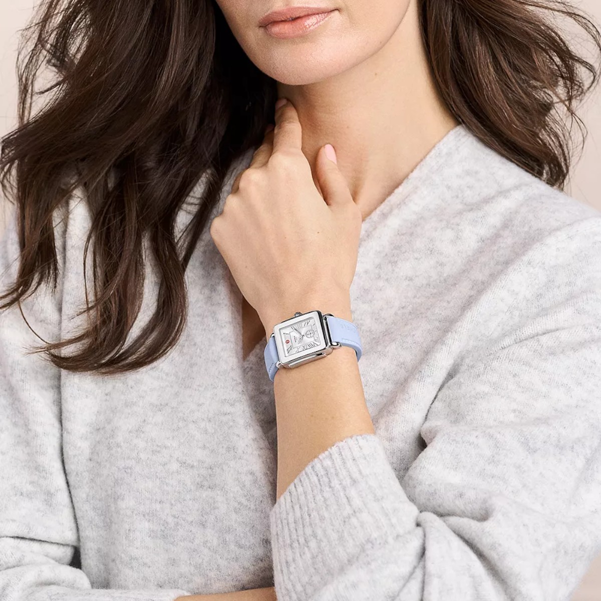 Michele Deco Sport Mid Stainless Steel Pastel Blue Silicone 31mm Women's Watch, White Dial