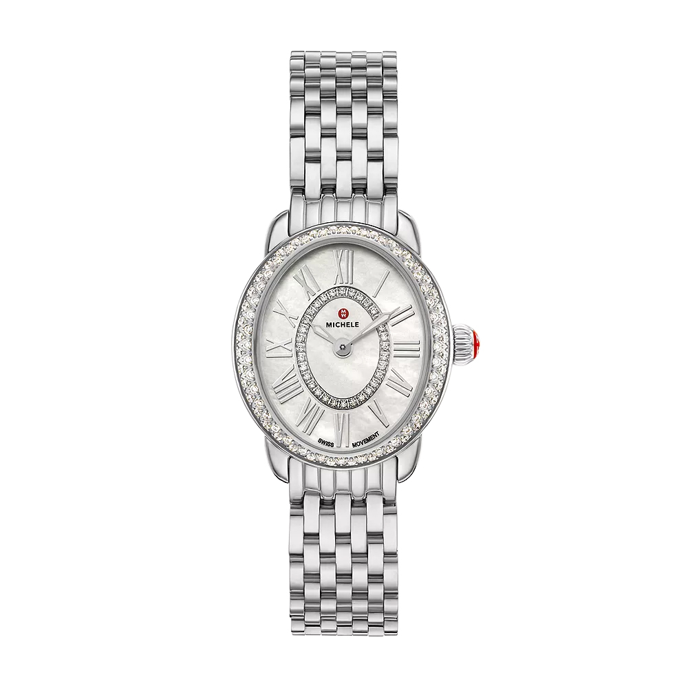 Michele Serein Oval Diamond Stainless Steel 27mm Women's Watch, White Mother Of Pearl Dial