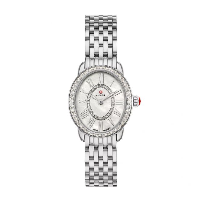 Michele Serein Oval Diamond Stainless Steel 27mm Women's Watch, White Mother Of Pearl Dial