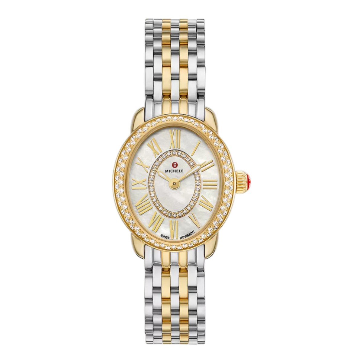 Michele Serein Oval Diamond Two Tone 18k Gold Plated 27mm Women's Watch, White Mother of Pearl Dial