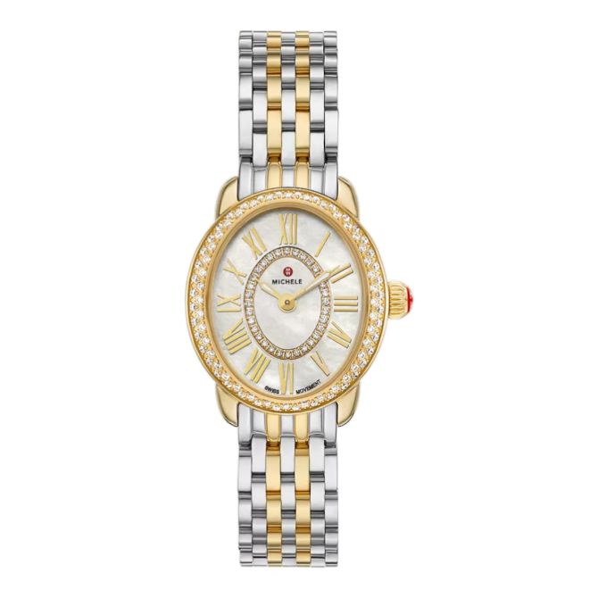 Michele Serein Oval Diamond Two Tone 18k Gold Plated 27mm Women's Watch, White Mother of Pearl Dial