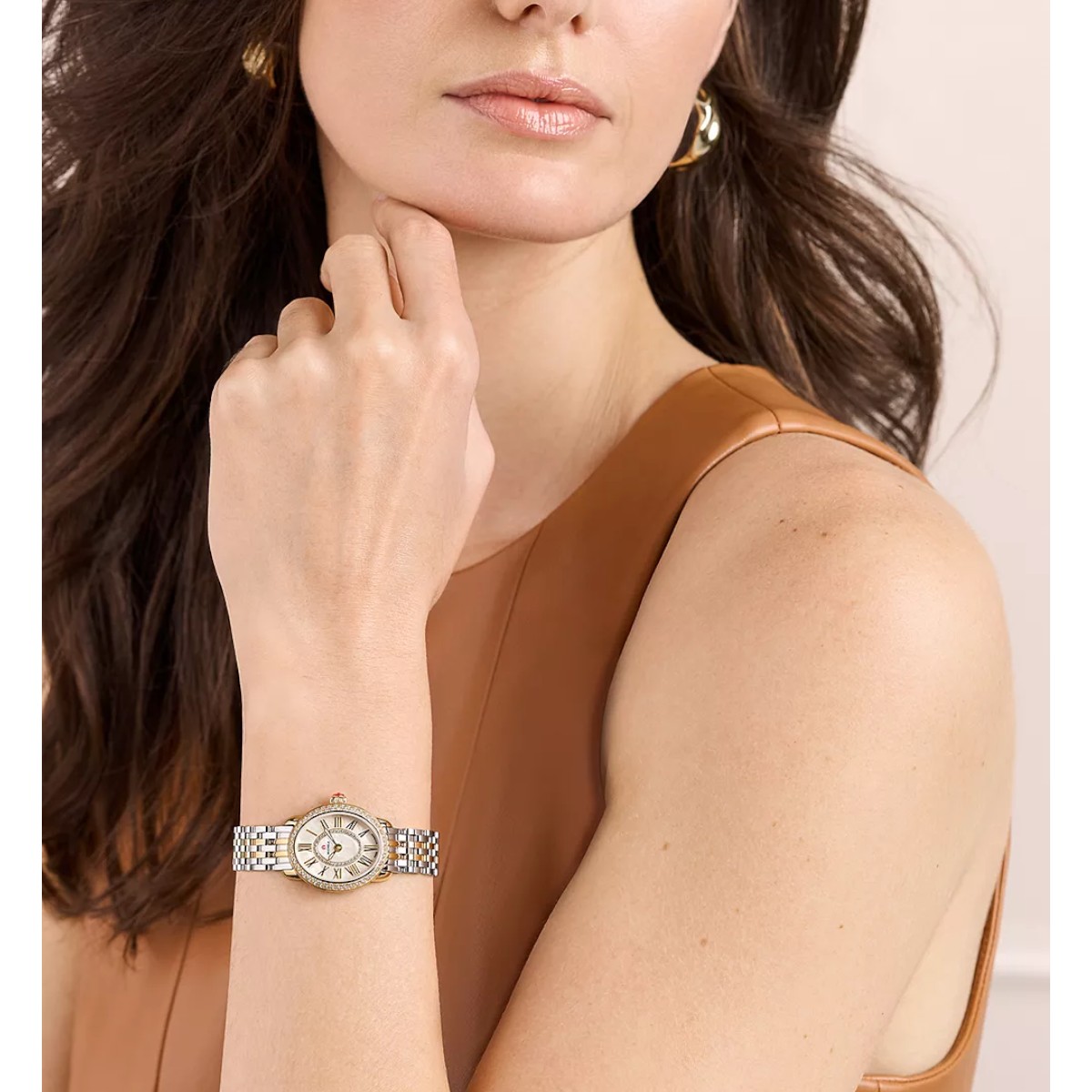 Michele Serein Oval Diamond Two Tone 18k Gold Plated 27mm Women's Watch, White Mother of Pearl Dial