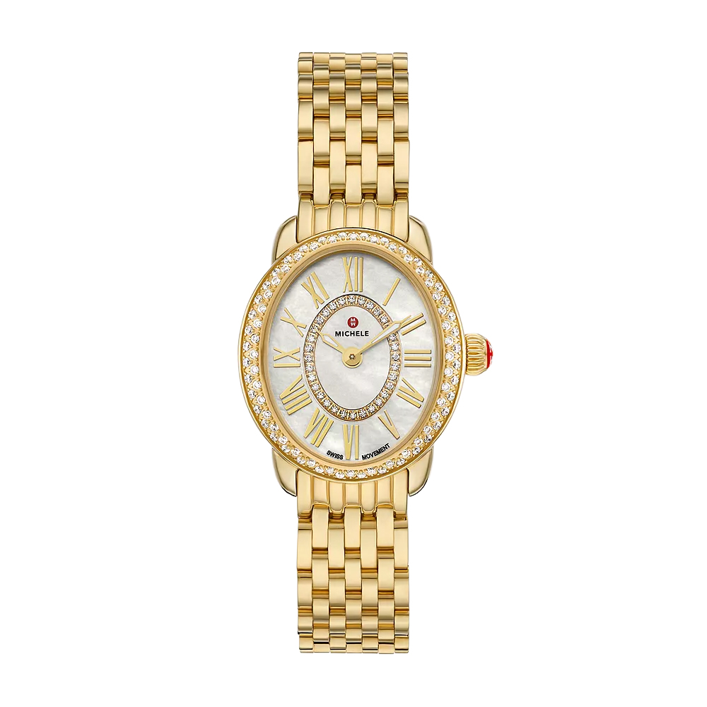 Michele Serein Oval Diamond 18k Gold 27mm Women's Watch, White Mother Of Pearl Dial