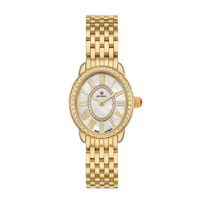 Michele Serein Oval Diamond 18k Gold 27mm Women's Watch, White Mother Of Pearl Dial