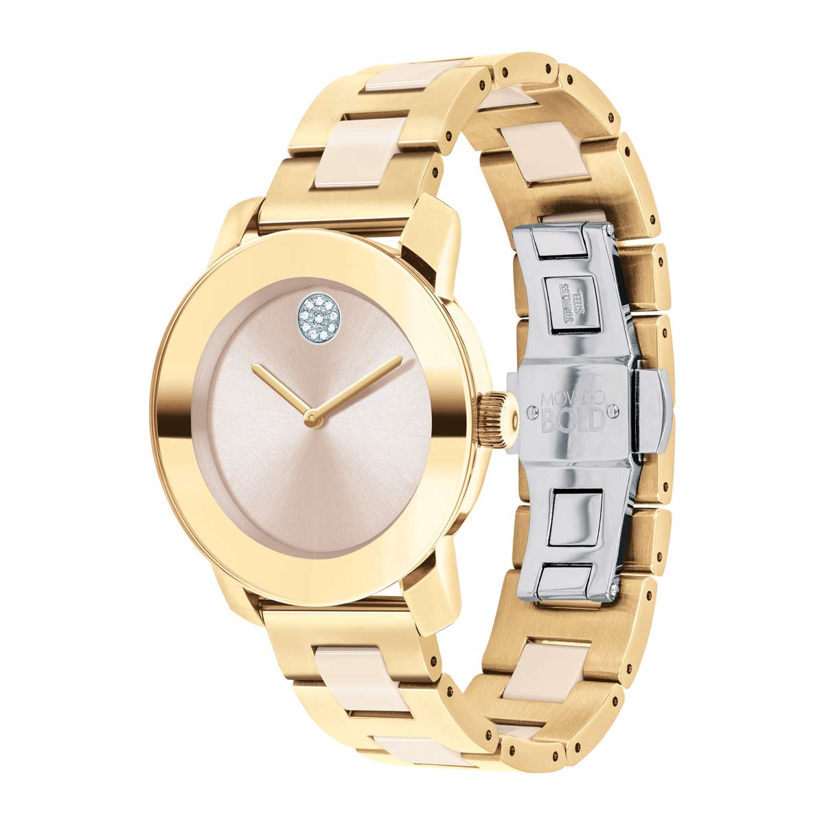 Movado BOLD Ceramic 36mm Watch, Pale Pink and Gold Tone Dial