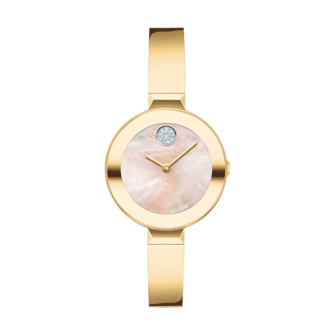 Movado Bold Bangle 28mm Women's Watch, Pale Yellow Gold Tone Mother of Pearl Dial