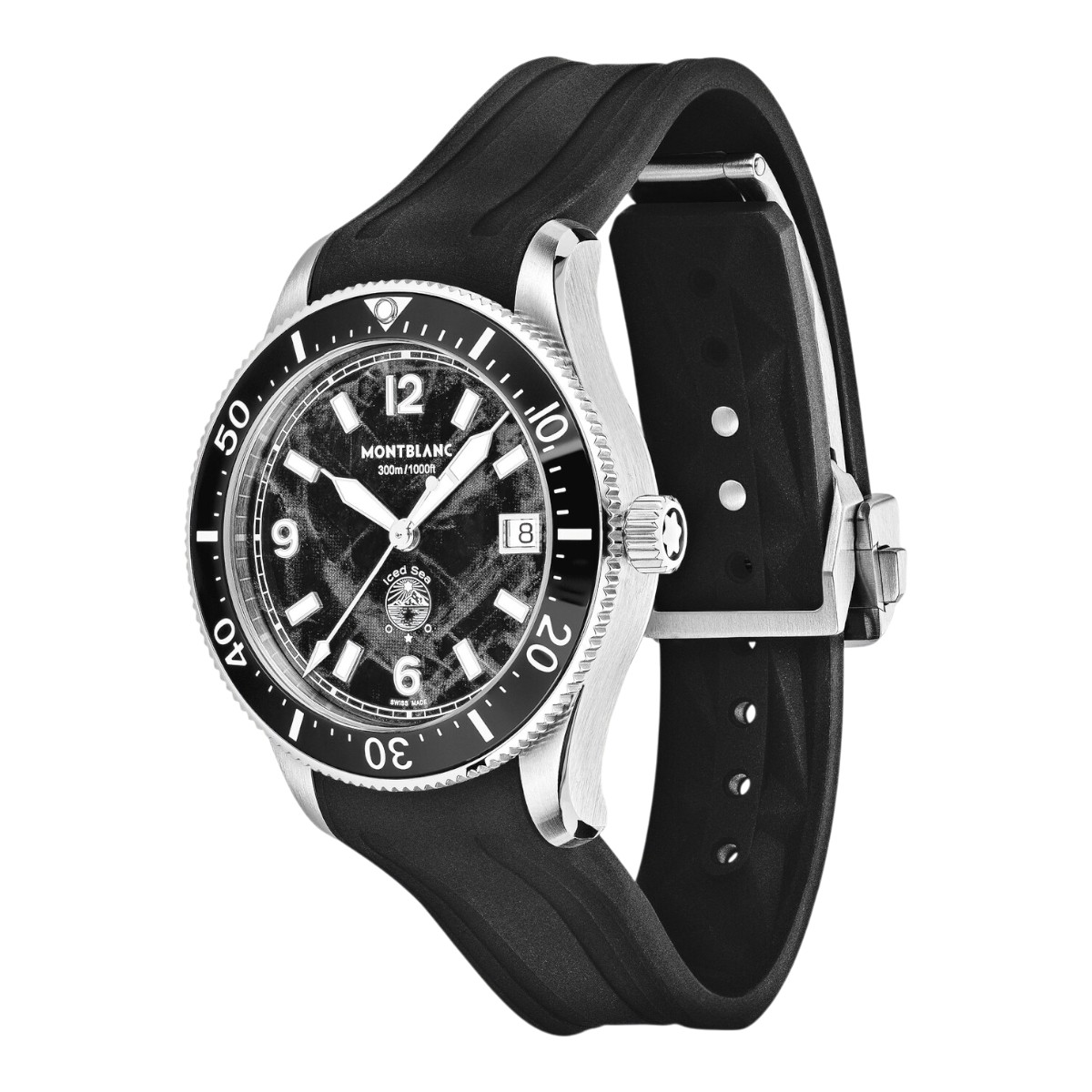 Montblanc Iced Sea Automatic Date 0 Oxygen 38mm Rubber Strap Watch, Black Glacier Dial