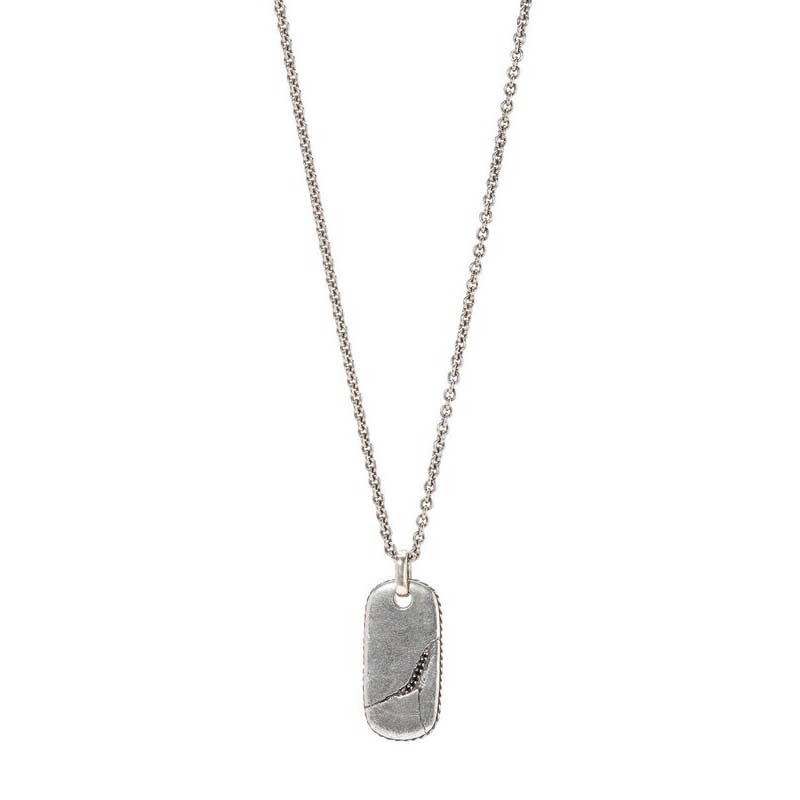 John Varvatos Sterling Silver Black Round Diamond Distressed Dogtag Pendant with Chain