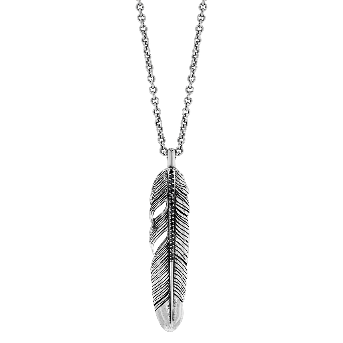 John Varvatos Sterling Silver & Black Diamond Feather Pendant, 24