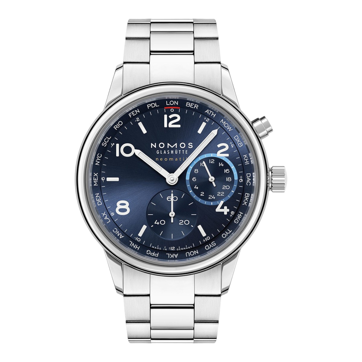 Nomos Glashuette Club Sport Neomatik Worldtimer 40mm Watch, Blue Dial