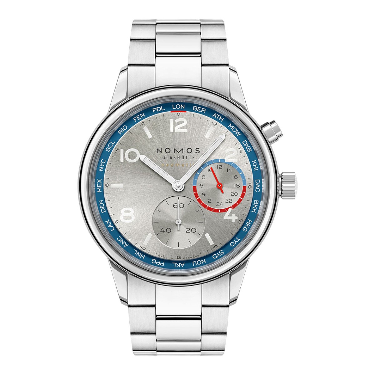 Nomos Glashuette Club Sport Neomatik World Timer 40mm Watch, Silver Dial