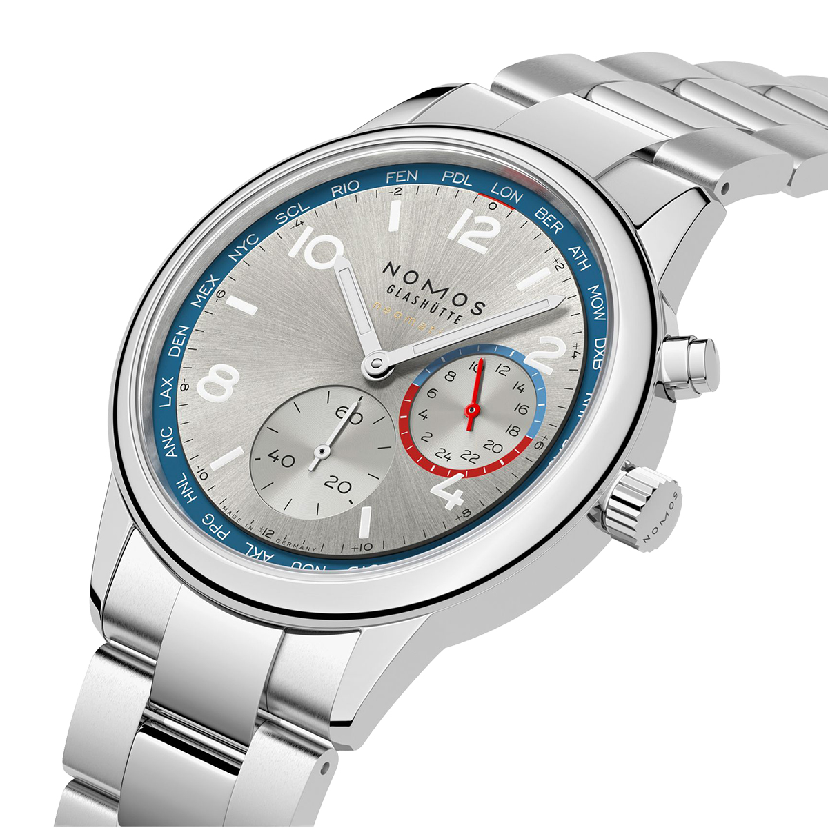 Nomos Glashuette Club Sport Neomatik World Timer 40mm Watch, Silver Dial