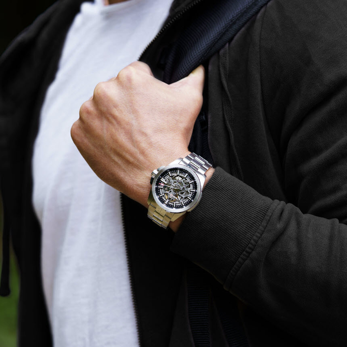 Norqain Independence 22 Skeleton 42mm Watch, Grey Dial and Stainless Steel Bracelet