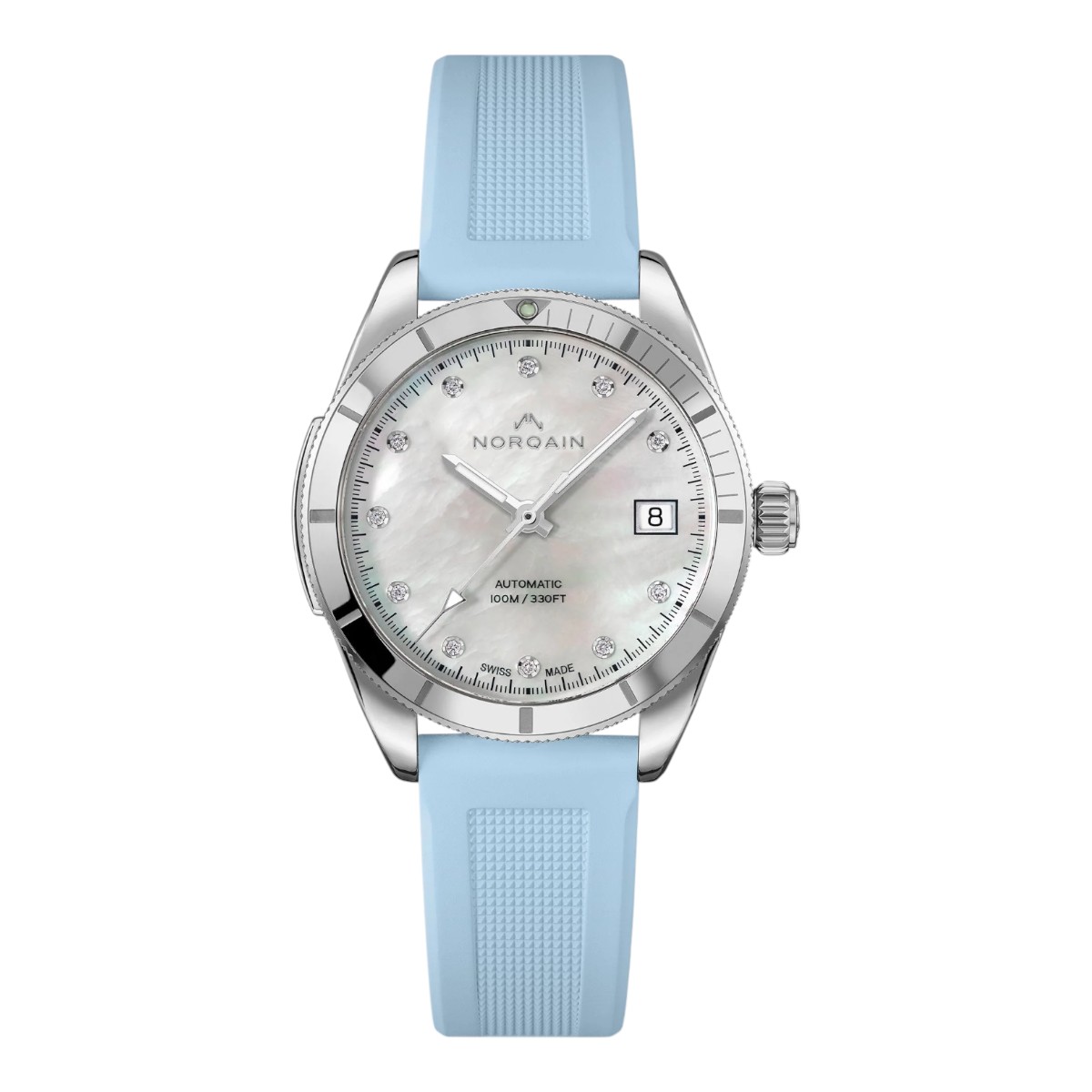 Norqain Adventure Sport 37mm Watch, Mother of Pearl Diamond Dial and Light Blue Rubber Strap
