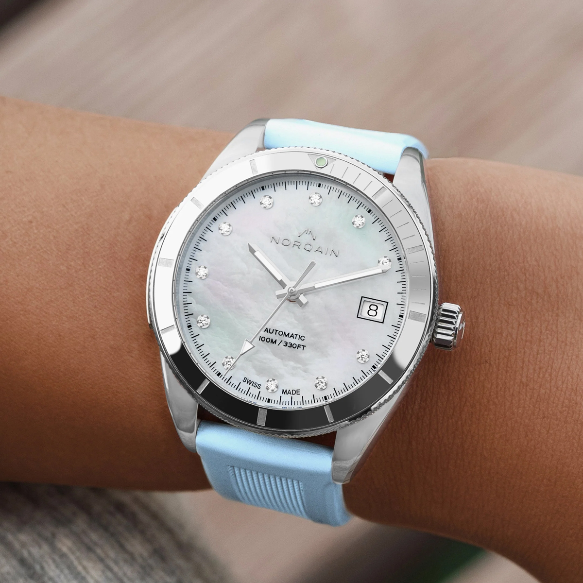 Norqain Adventure Sport 37mm Watch, Mother of Pearl Diamond Dial and Light Blue Rubber Strap