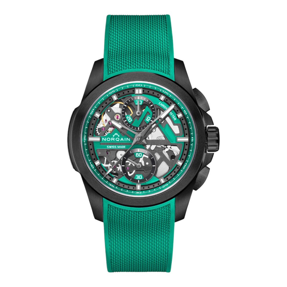 Norqain Independence Chronograph Limited Edition 42mm Watch, Jade Green Milanaise Skeleton Dial