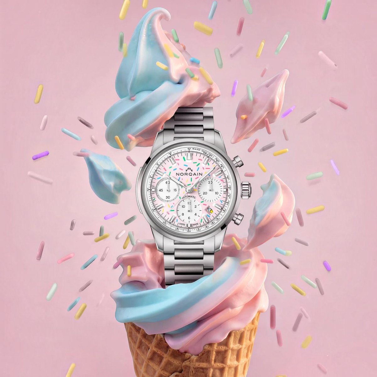 Norqain Freedom Chronograph Enjoy Life Sprinkles 40mm Watch, Pink Dial
