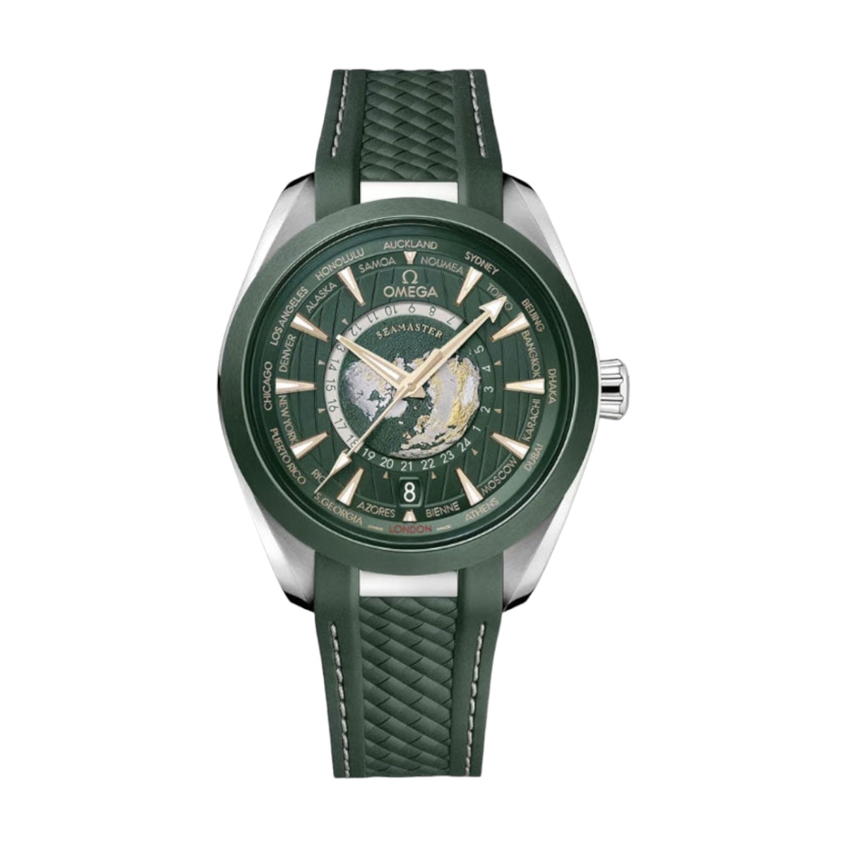 Omega Seamaster Aqua Terra 150m Co-Axial Master Chronometer GMT WorldTimer 43mm Watch, Green Rubber 
