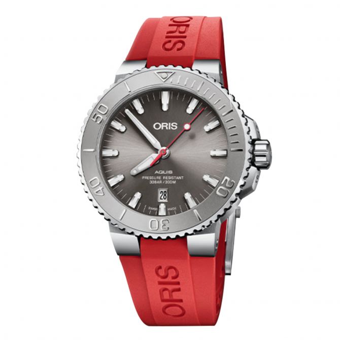 Oris Watches Aquis Date Relief 43.5mm Watch, Grey Dial and Rubber Bracelet